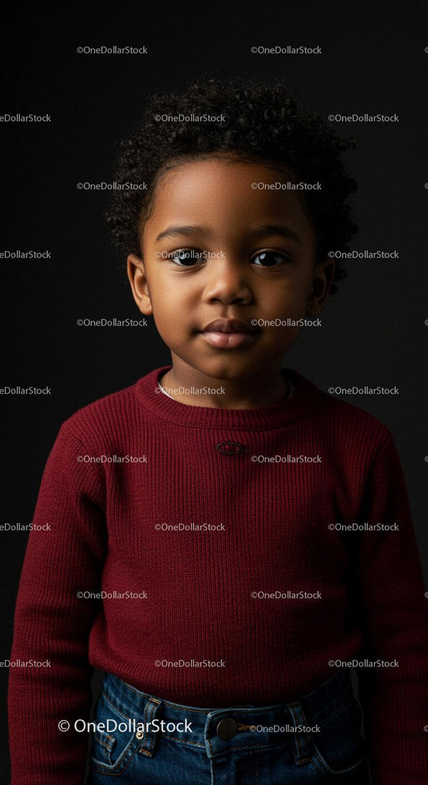 Young boy with curly hair posing in red sweater