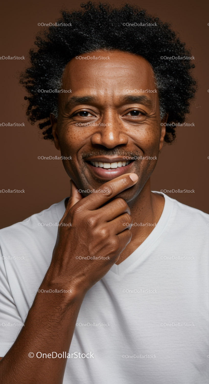 Confident Smiling Man with Curly Hair and Authentic Expression