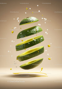 Floating sliced avocado with oil and sea salt crystals