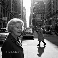 Elderly Woman in Busy City Street Surrounded by Vintage Cars