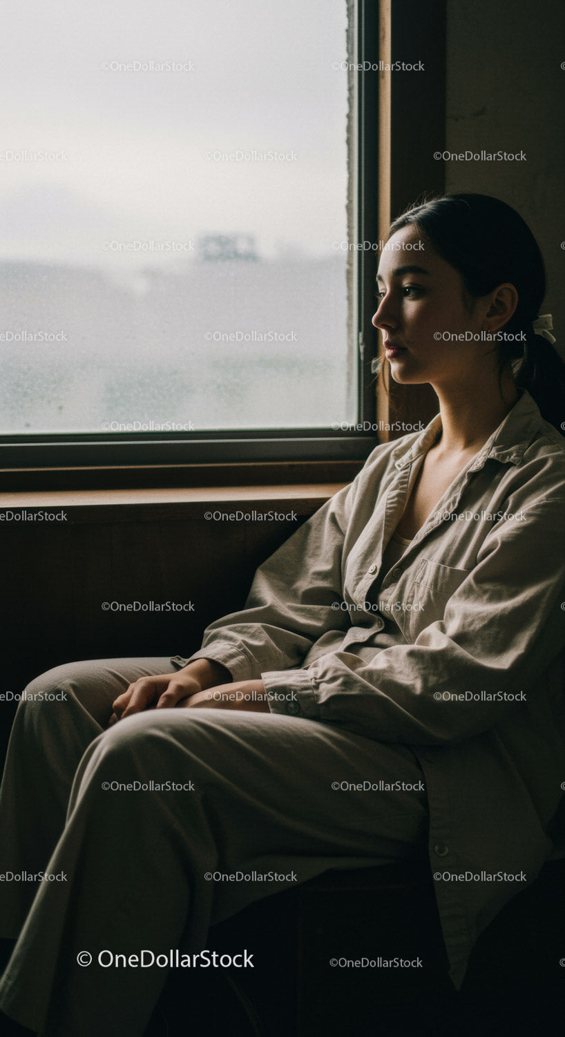 Young Woman Sitting by Window in Casual Clothing on Rainy Day