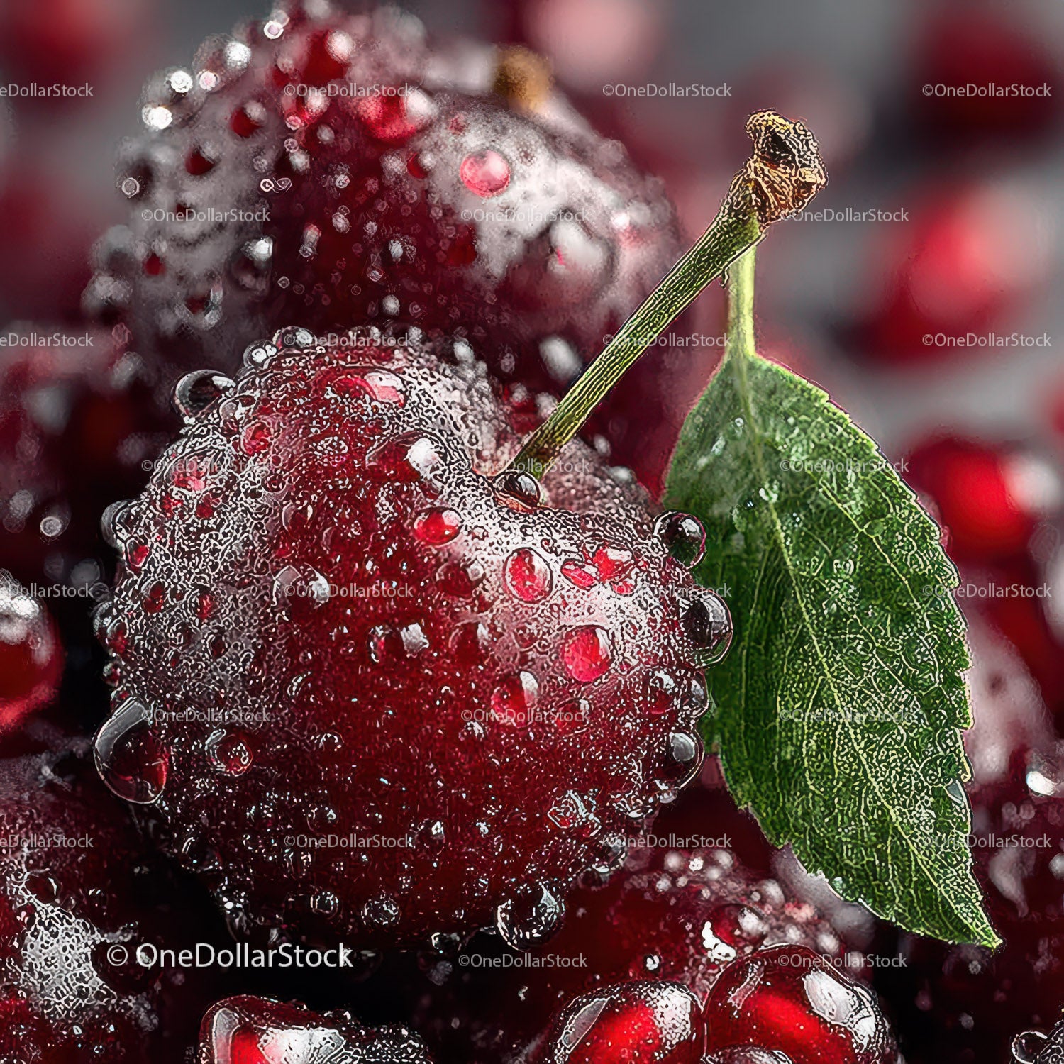 Fresh Ripe Cherry Close-Up with Dew Drops and Green Leaf
