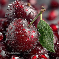 Fresh Ripe Cherry Close-Up with Dew Drops and Green Leaf