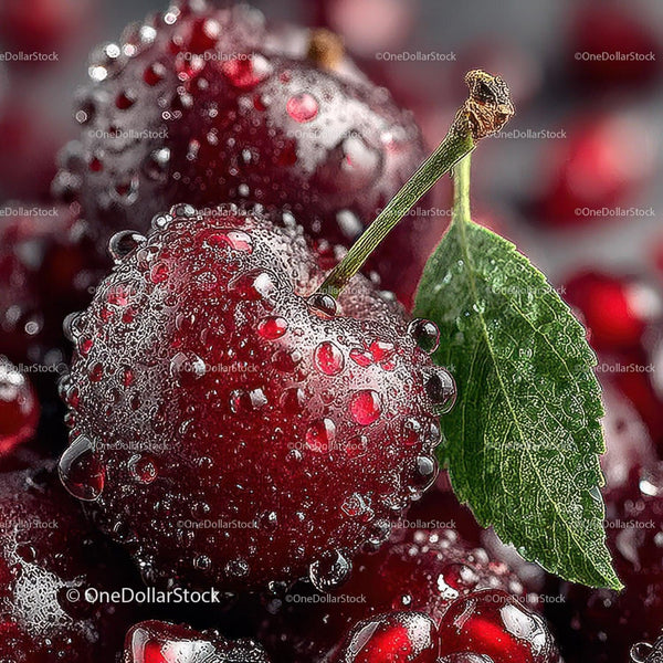 Fresh Ripe Cherry Close-Up with Dew Drops and Green Leaf