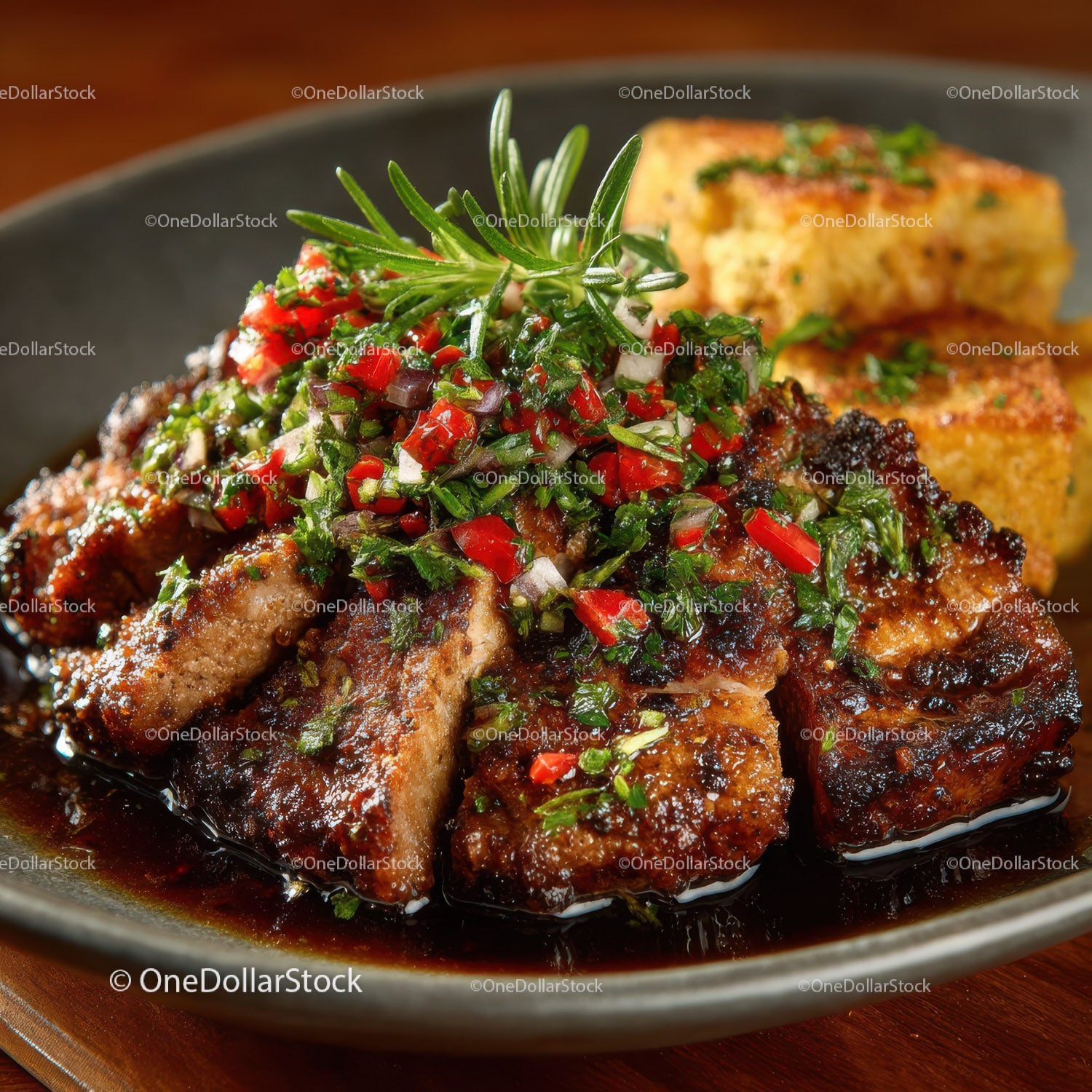 Grilled Beef Ribs with Spicy Chimmichurri and Roasted Garlic Bread