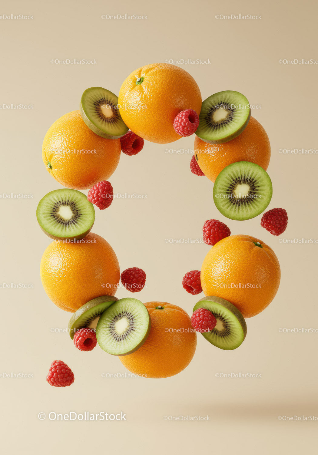 Floating citrus and berries arranged in circular pattern