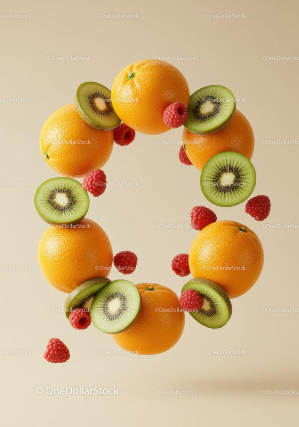 Floating citrus and berries arranged in circular pattern