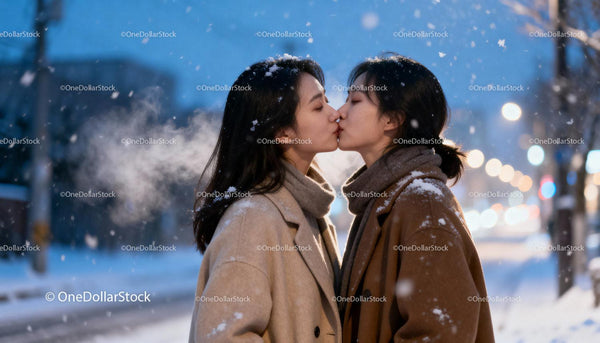 Couple Sharing a Tender Kiss on Snowy Winter Evening