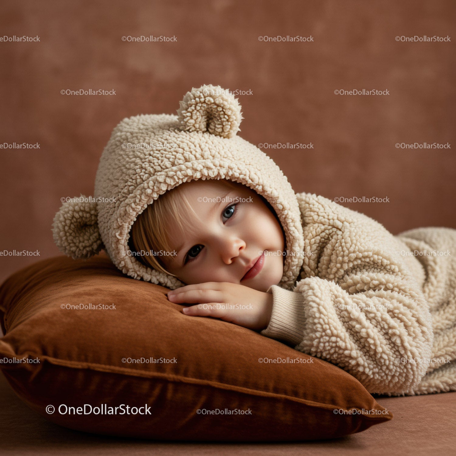 Toddler resting on soft pillow in cozy bear outfit