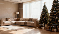 Cozy Living Room with Christmas Trees and Wrapped Gifts