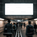 Commuters walking through underground transit corridor