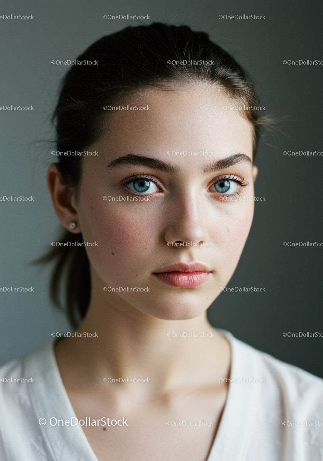 Portret młodej kobiety z niebieskimi oczami i gładką skórą.
