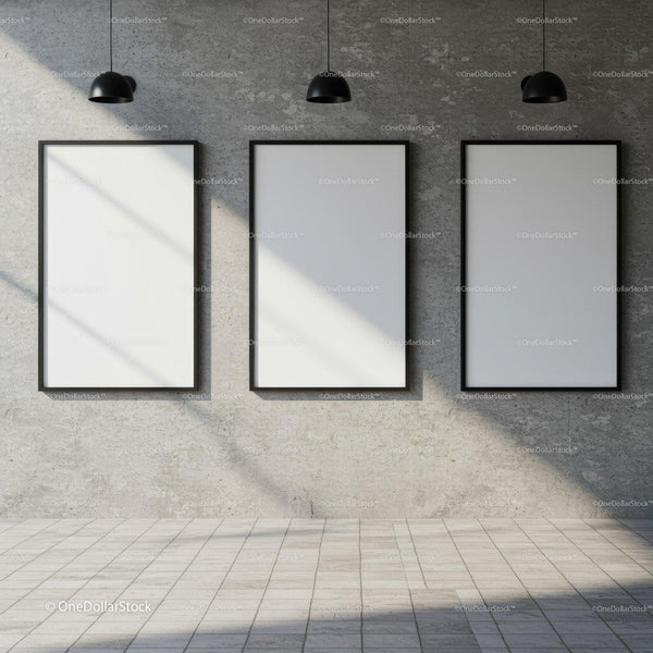Minimalist gallery wall with three blank posters JPG Mockup Image