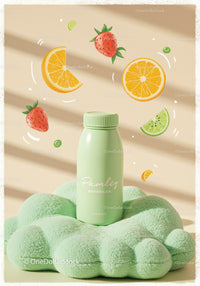 Minimalist green bottle with floating fruit illustrations