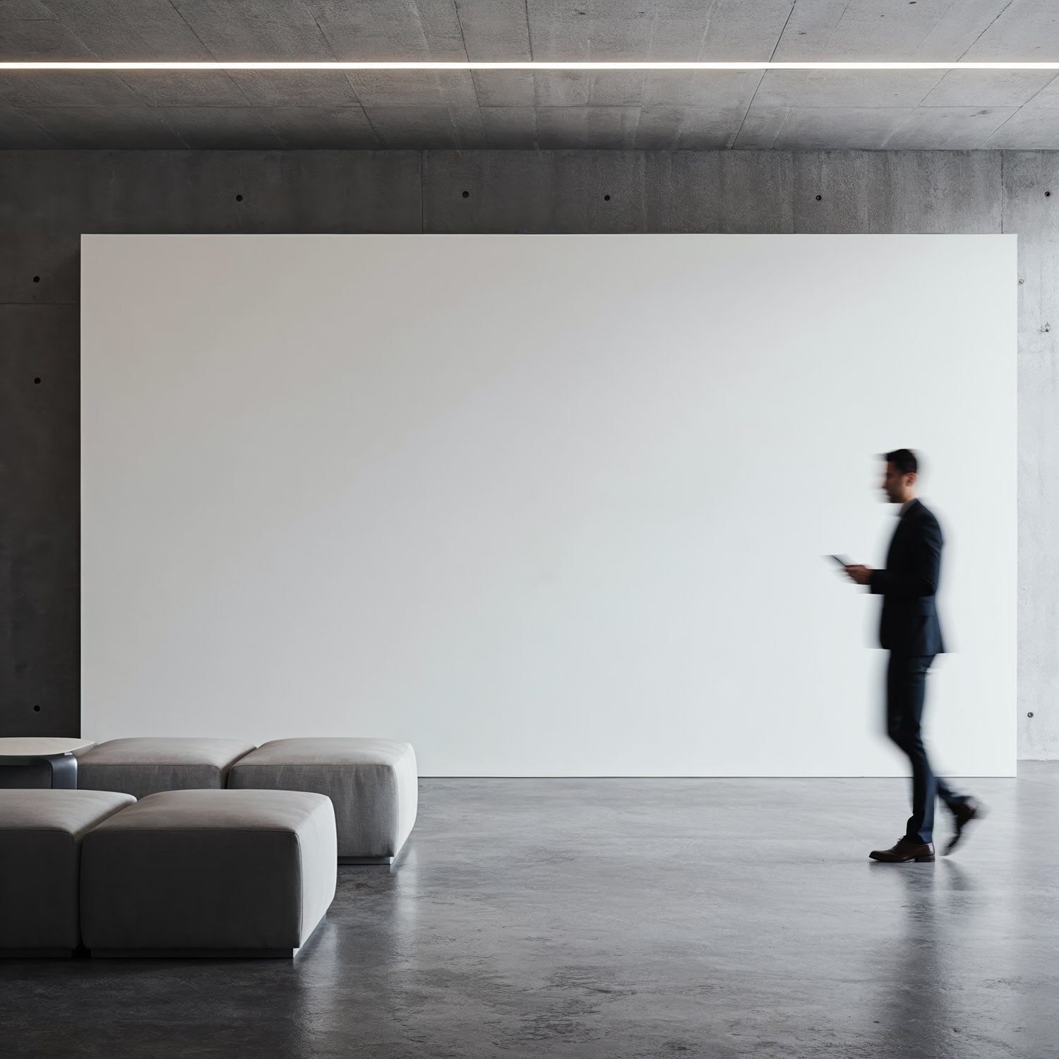 Businessman walking in modern minimalistic office lobby
