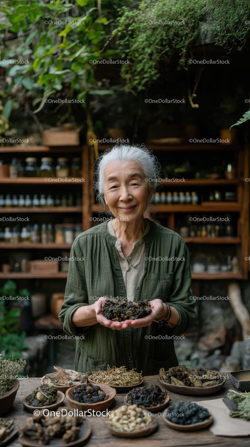 Elderly Woman with Herbal Collection in Cozy Botanical Shop