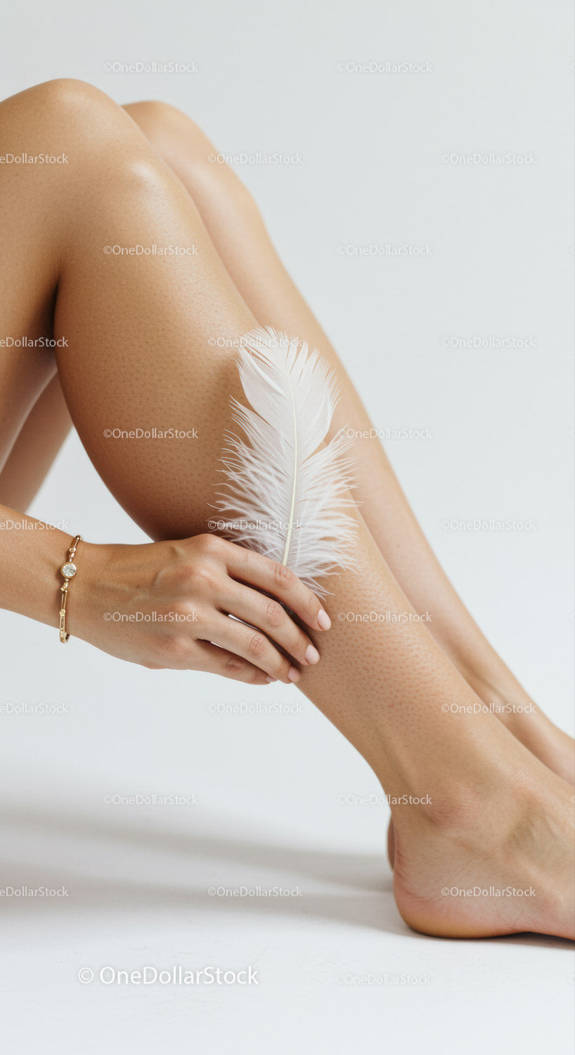 Female Legs with Feather and Elegant Jewelry in Soft Natural Lighting