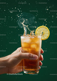 Refreshing iced tea splash with lemon slice in hand