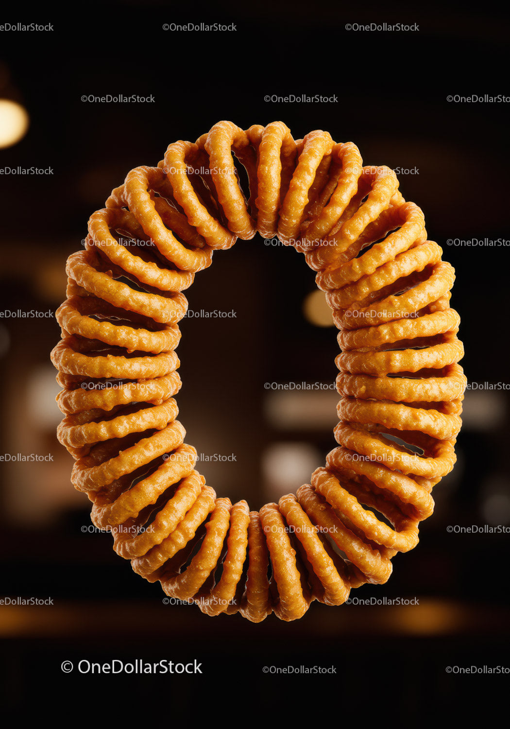 Stack of crispy onion rings in a circular arrangement