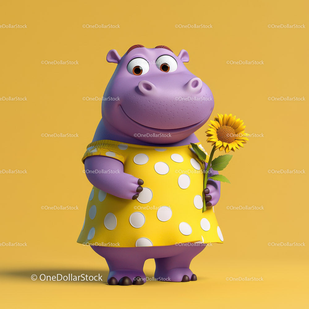 Cute Cartoon Hippo Holding Sunflower in Yellow Dress for Kids Illustration