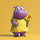 Cute Cartoon Hippo Holding Sunflower in Yellow Dress for Kids Illustration