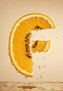 Fresh orange slice with seeds floating in water droplets