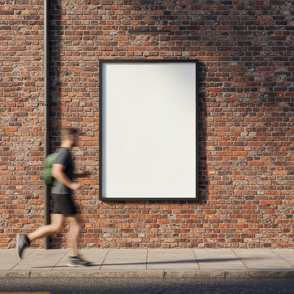 Jogger Passing by Blank Poster on Brick Wall JPG Mockup Image