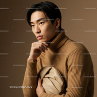Elegant Young Man in Beige Turtleneck Holding Clutch Bag Studio Portrait