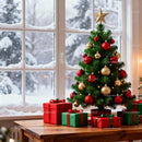 Decorated Christmas tree with wrapped gifts by window