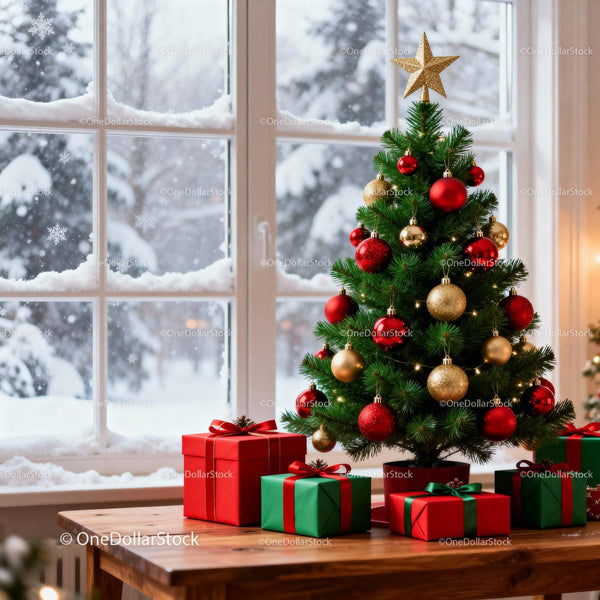 Decorated Christmas tree with wrapped gifts by window