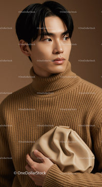 Elegant Young Man in Beige Turtleneck with Fashion Clutch Photo