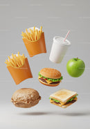 Assorted Fast Food Items Floating Against Gray Background