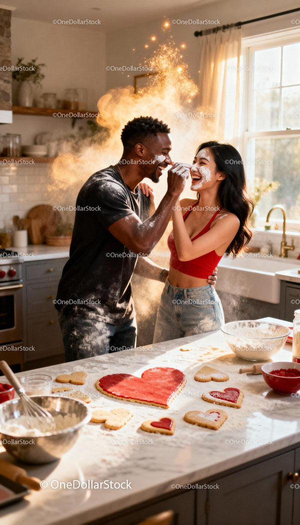 Happy couple playfully baking heart shaped cookies