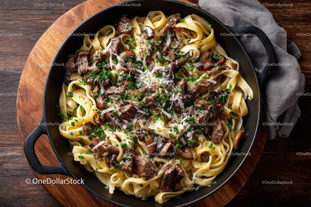 Beef Stroganoff with Mushrooms and Fettuccine on Wooden Table