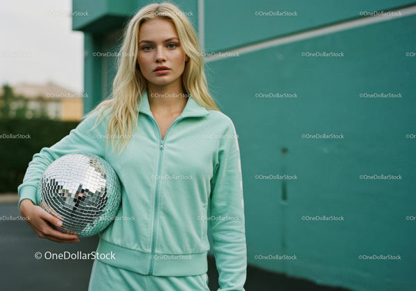 Young Woman in Mint Green Tracksuit with Disco Ball in Urban Setting