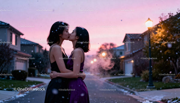 Couple sharing a tender kiss outdoors at sunset