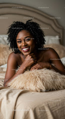 Happy woman relaxing on bed with fluffy pillow