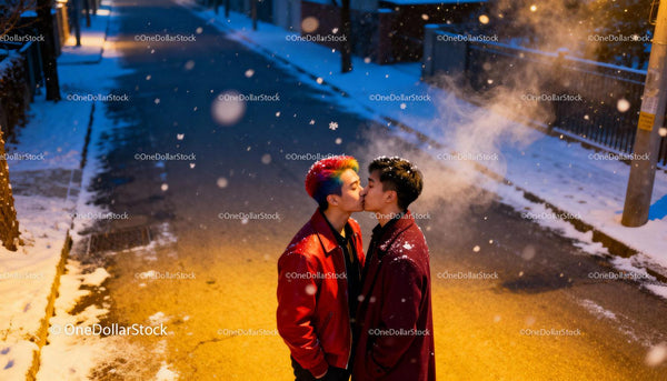 Winter Evening Kiss Between Two Young Men Outdoors