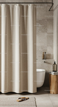 Elegant Modern Bathroom with Beige Shower Curtain and Stone Walls