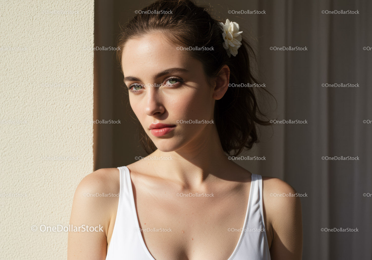 Portrait of a Young Woman in Bright Sunlight with Natural Beauty