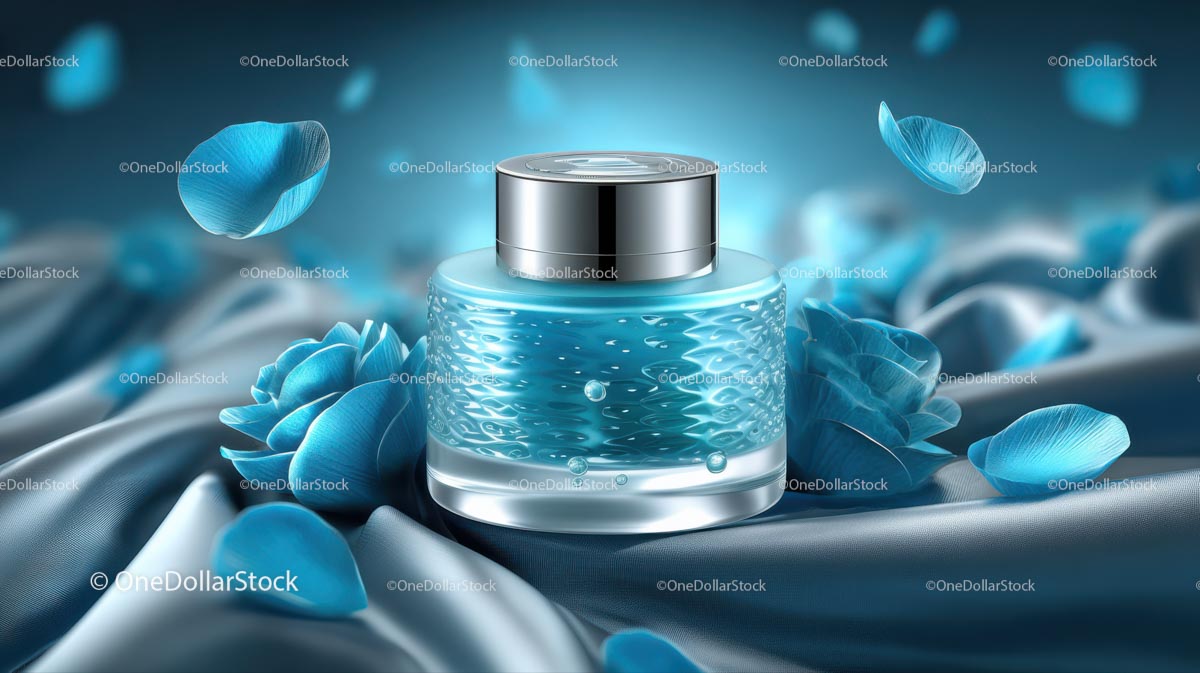 Luxury Blue Cosmetic Jar Surrounded by Elegant Floral Accents