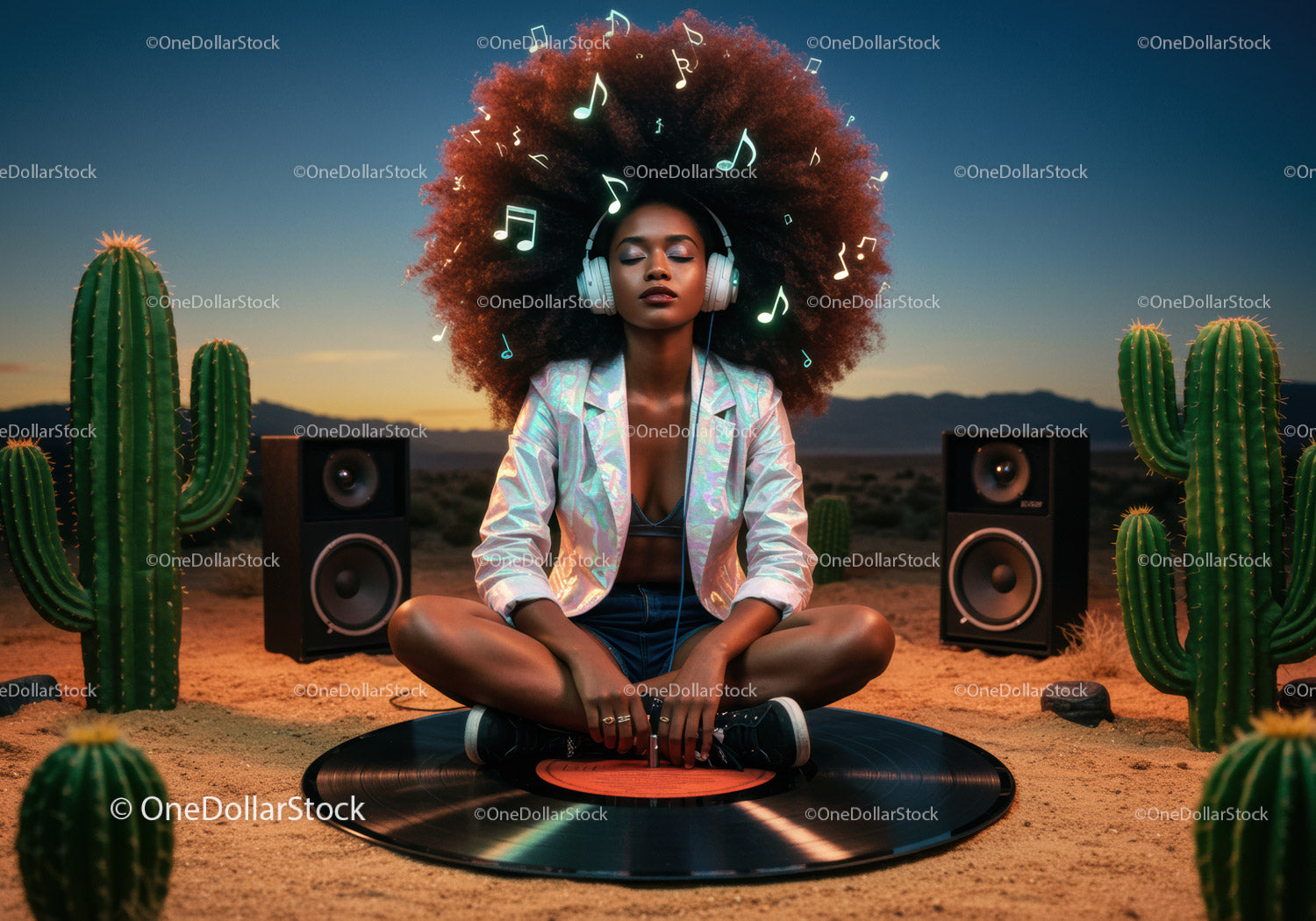 Kobieta z afro słuchająca muzyki na tle zachodu słońca na pustyni