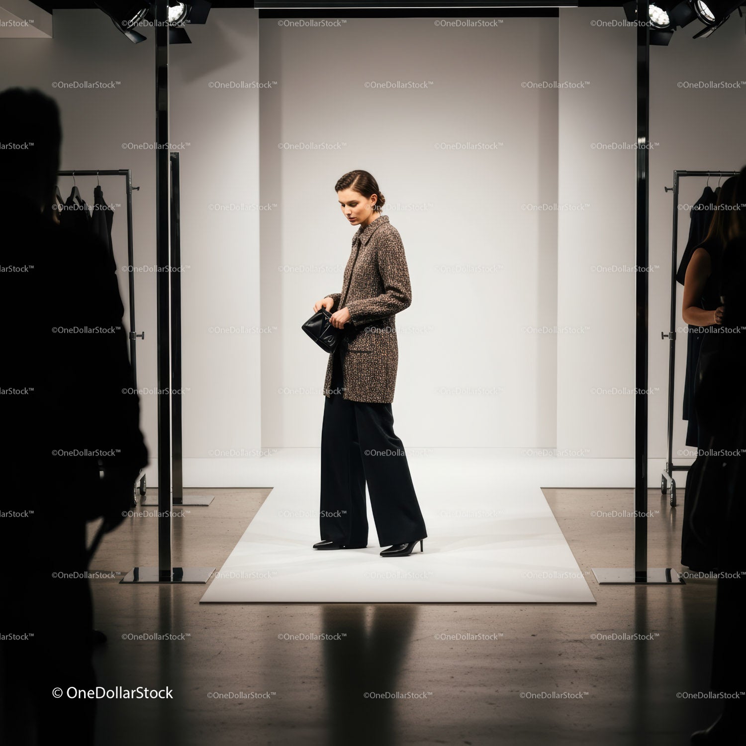 Woman modeling elegant outfit on minimalist runway