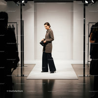 Woman modeling elegant outfit on minimalist runway