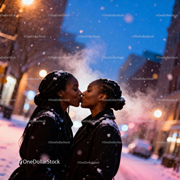 Couple sharing a tender kiss in snowy city evening