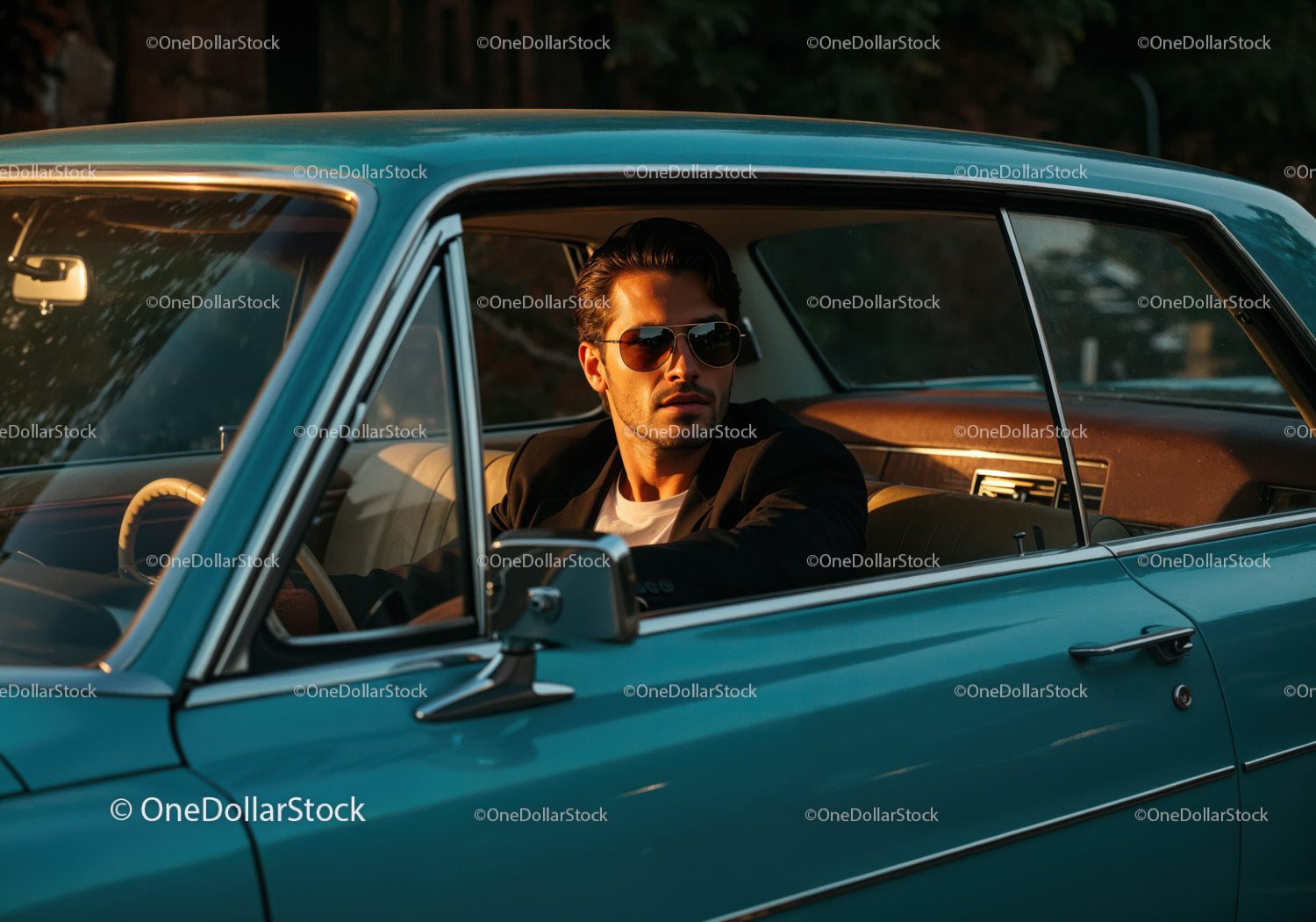 Stylish Man Driving Vintage Blue Car with Sunset Lighting