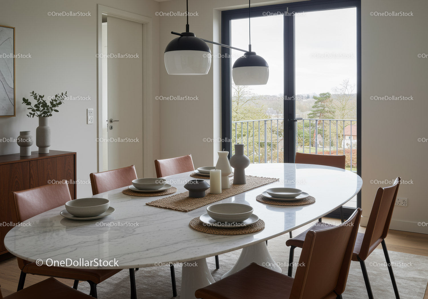 Modern Dining Room with Marble Table and Pendant Lights