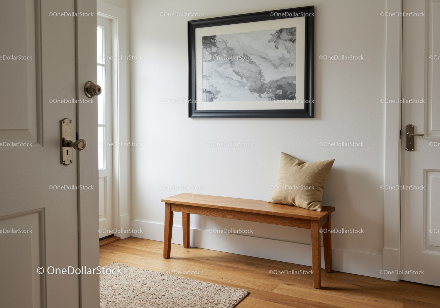 Modern Entryway with Wooden Bench and Abstract Wall Art