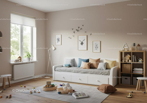 Bright Cozy Living Room with Pastel Cushions and Wooden Decor