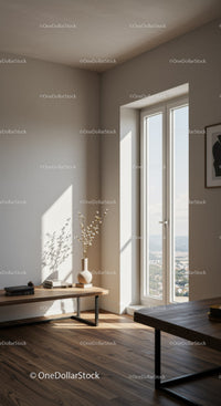 Bright Minimalist Living Room with Large Window and Wooden Floors